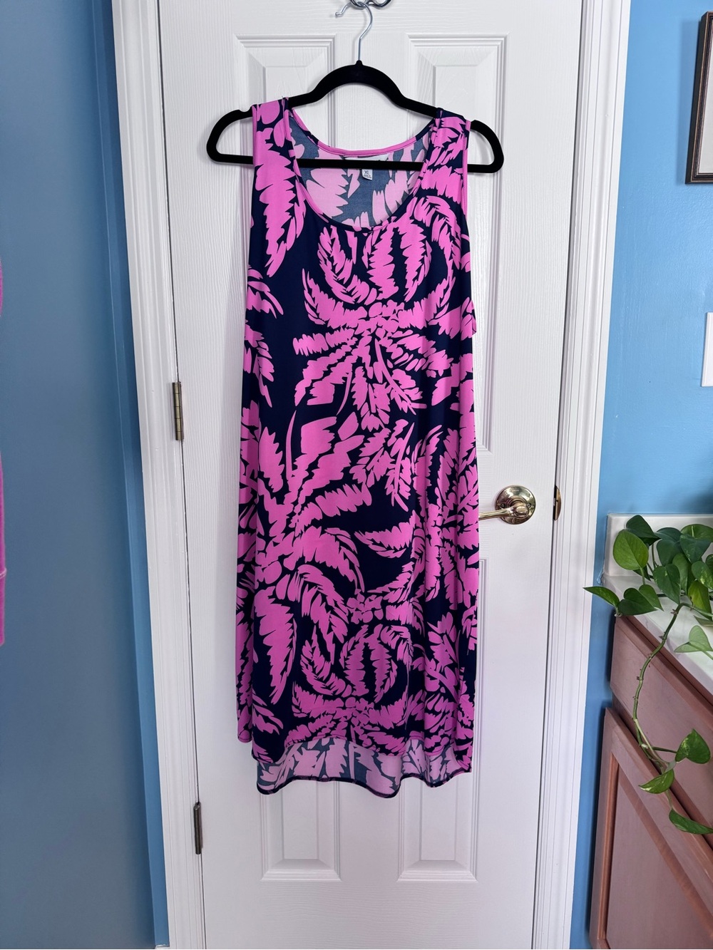 Sleeveless Navy Midi Dress with Pink Floral Print